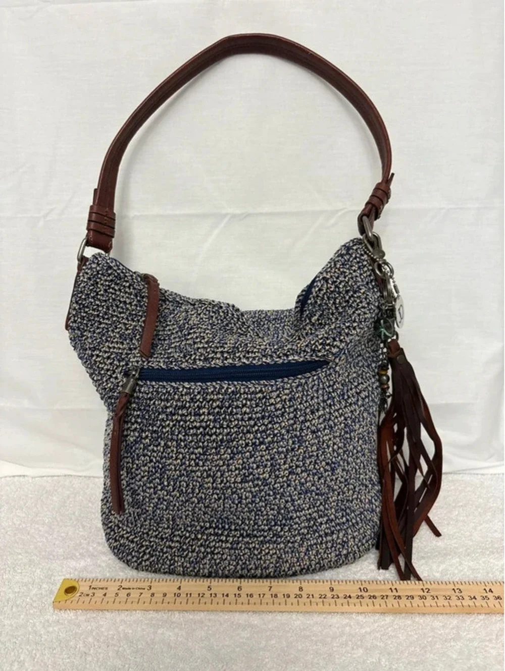 The Sak Blue Tan Crochet Hobo Shoulder Bag Leather Tassel New Without Tags